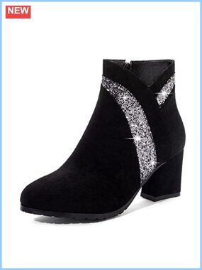 Glitter Dressy Ankle Boots Round Toe Side Zipper Chunky High Heel Short Booties